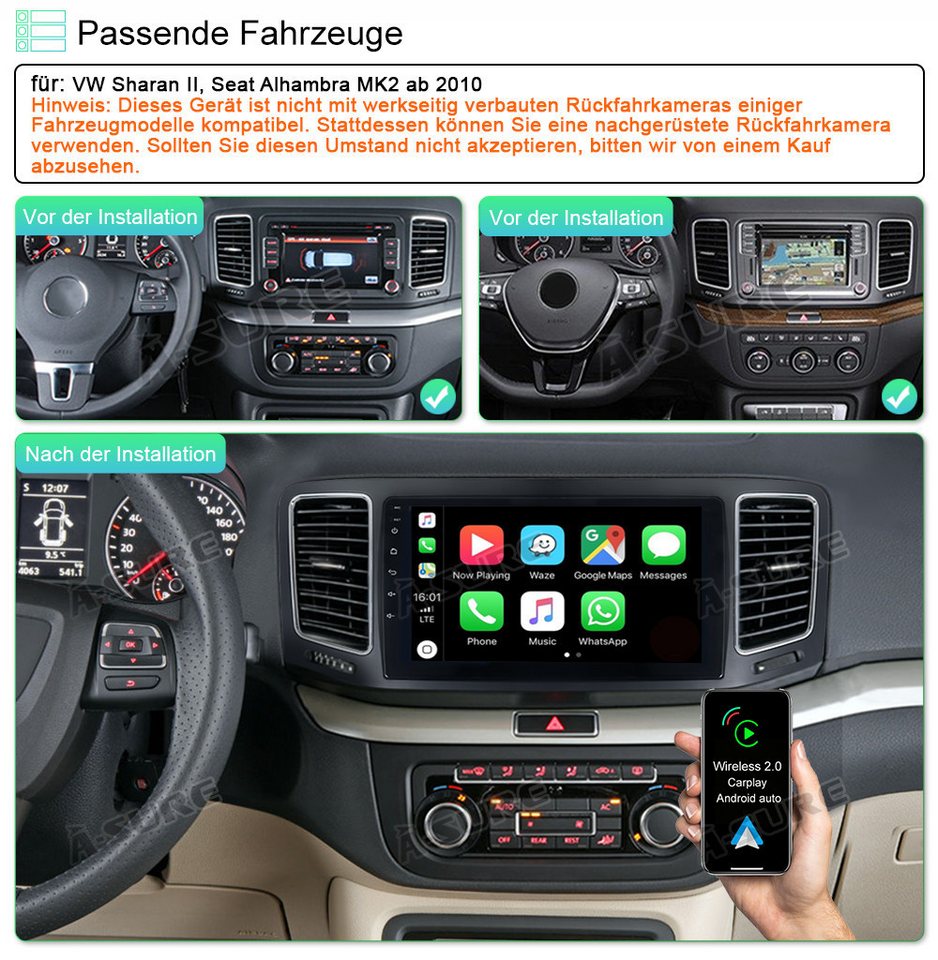 A-Sure 8-Core 4-Core Android 15 Carplay Navi Für VW Sharan 7N Seat Alhambra Autoradio (DSP, RDS, Digitalradio (DAB), USB)