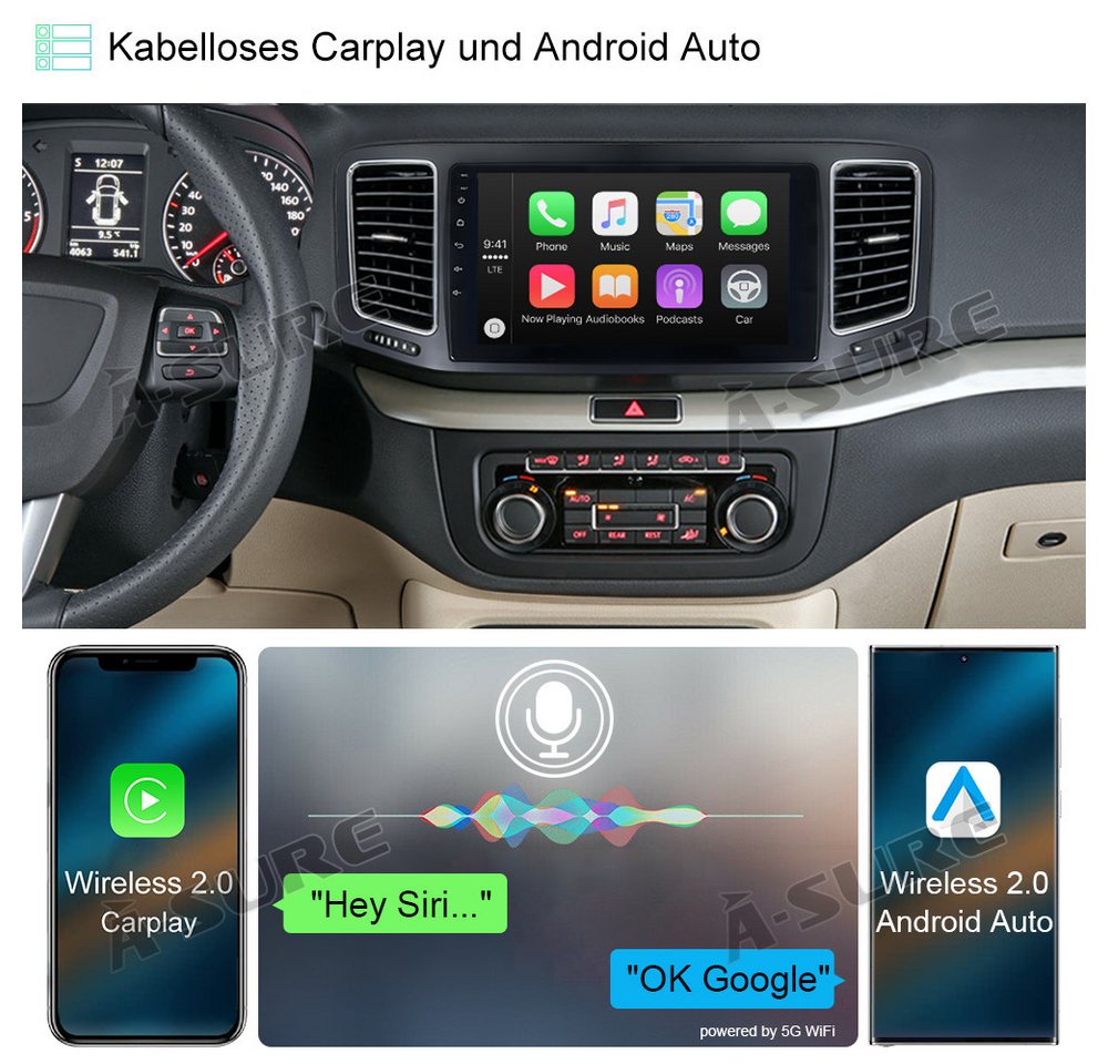 A-Sure 8-Core 4-Core Android 15 Carplay Navi Für VW Sharan 7N Seat Alhambra Autoradio (DSP, RDS, Digitalradio (DAB), USB) Bild 2