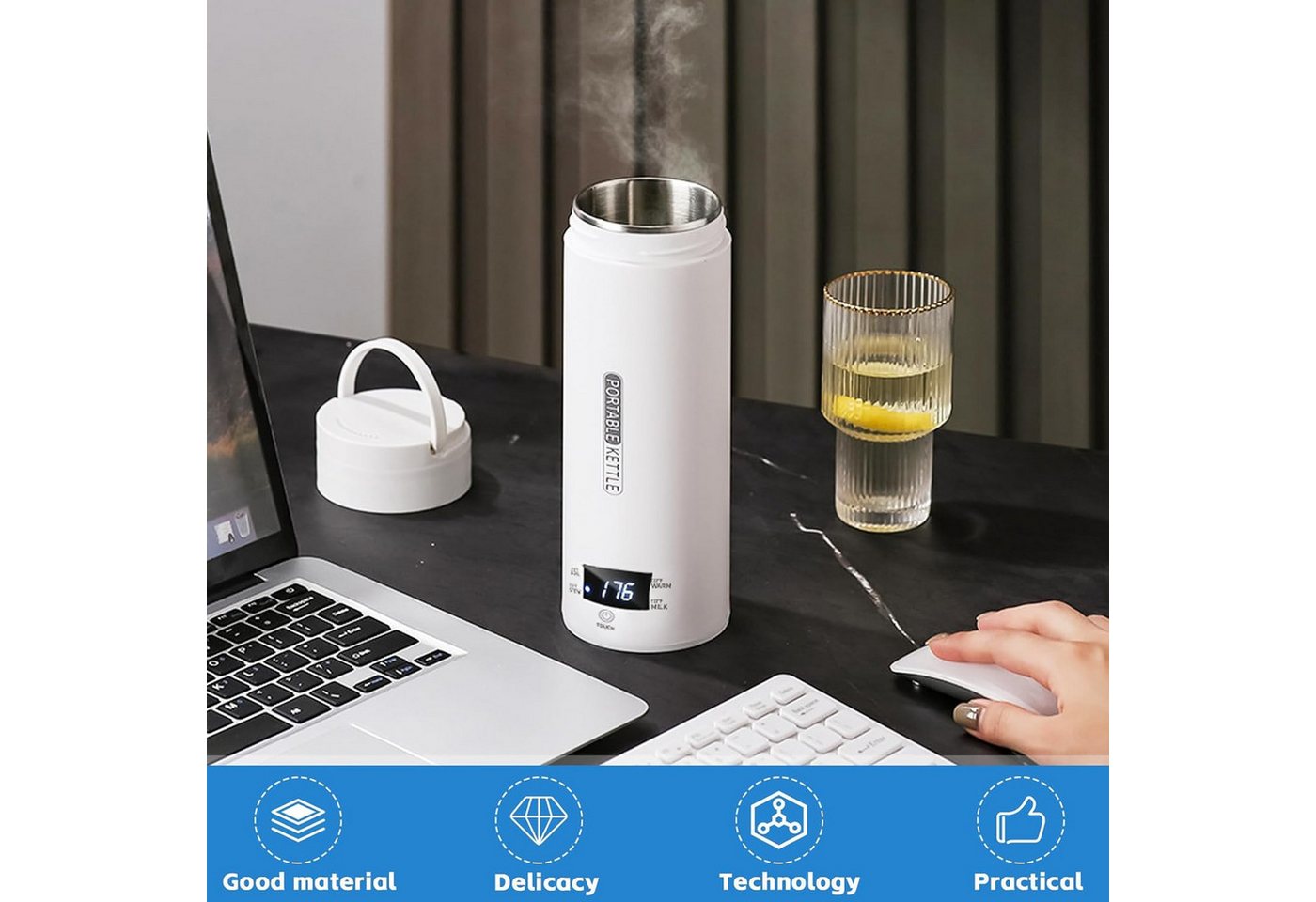 Athlix Reise-Wasserkocher Mobiler Wasserkocher 450ml Reise Wasserkocher Tragbar Tee Kaffee, 300 W, 4 Temperaturstufen, SUS316-Edelstahl, Doppelwandig Bild 4