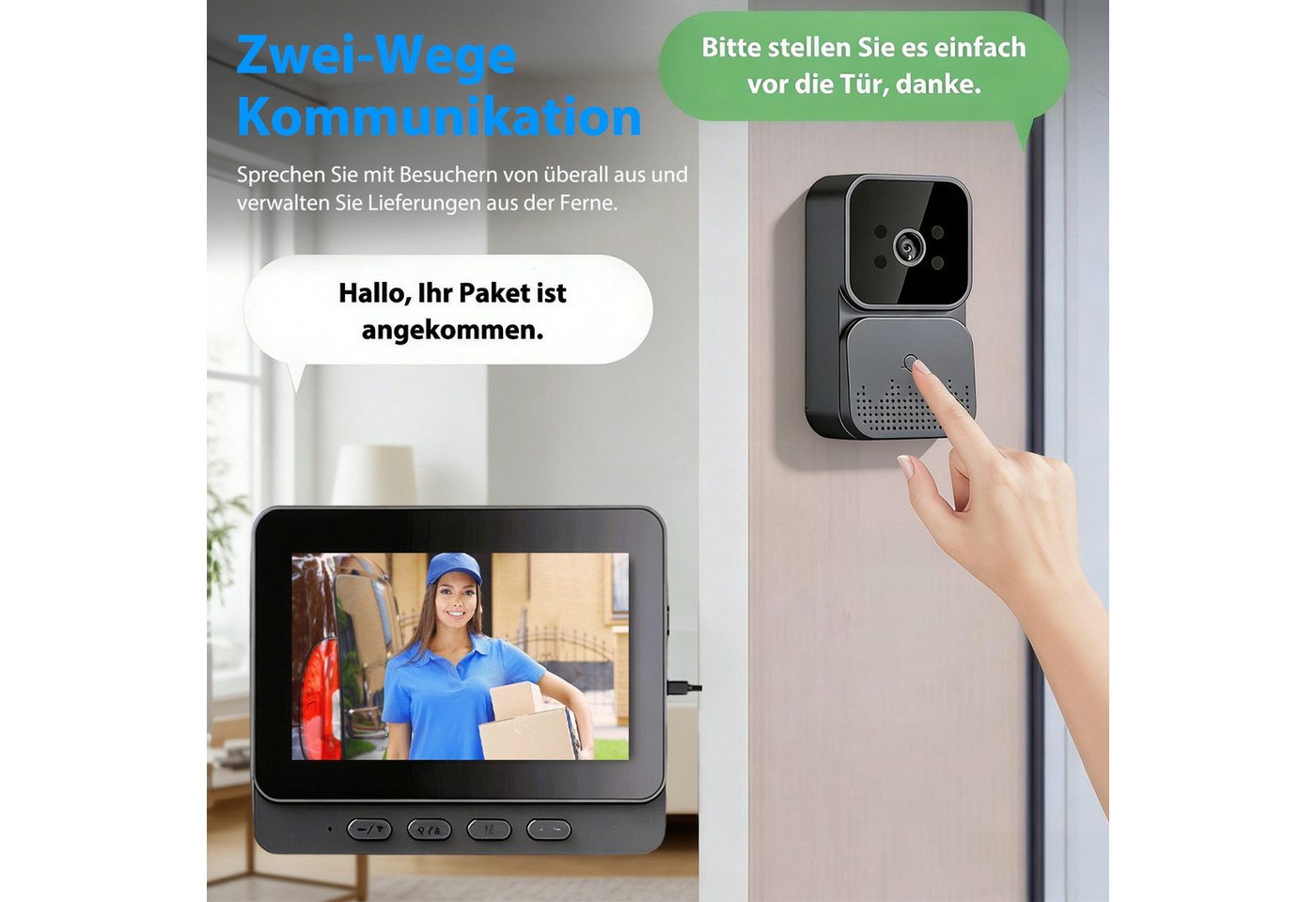 TWUFY Video-Türsprechanlage Drahtlose Video Türklingel mit Kamera Outdoor 4,3 Zoll IPS Bildschirm (Außenbereich, kabellos, mit Monitor, Video Gegensprechanlage, 1-tlg., Türklingel Funk 170° HD Kamera Gegensprechanlage, Infrarot Nachtsicht Zwei-Wege-Audio) Bild 2