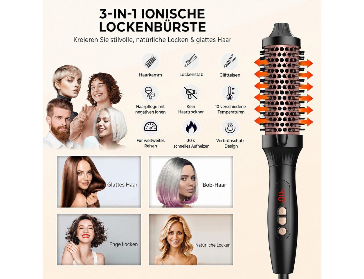 UKLISS Elektrohaarbürste Ionen-Thermobürste 38 mm, Turmalin-Keramik Rundheizbürste, 3-in-1 Stylingbürste zum Glätten, Locken & Volumen erzeugen Bild 3