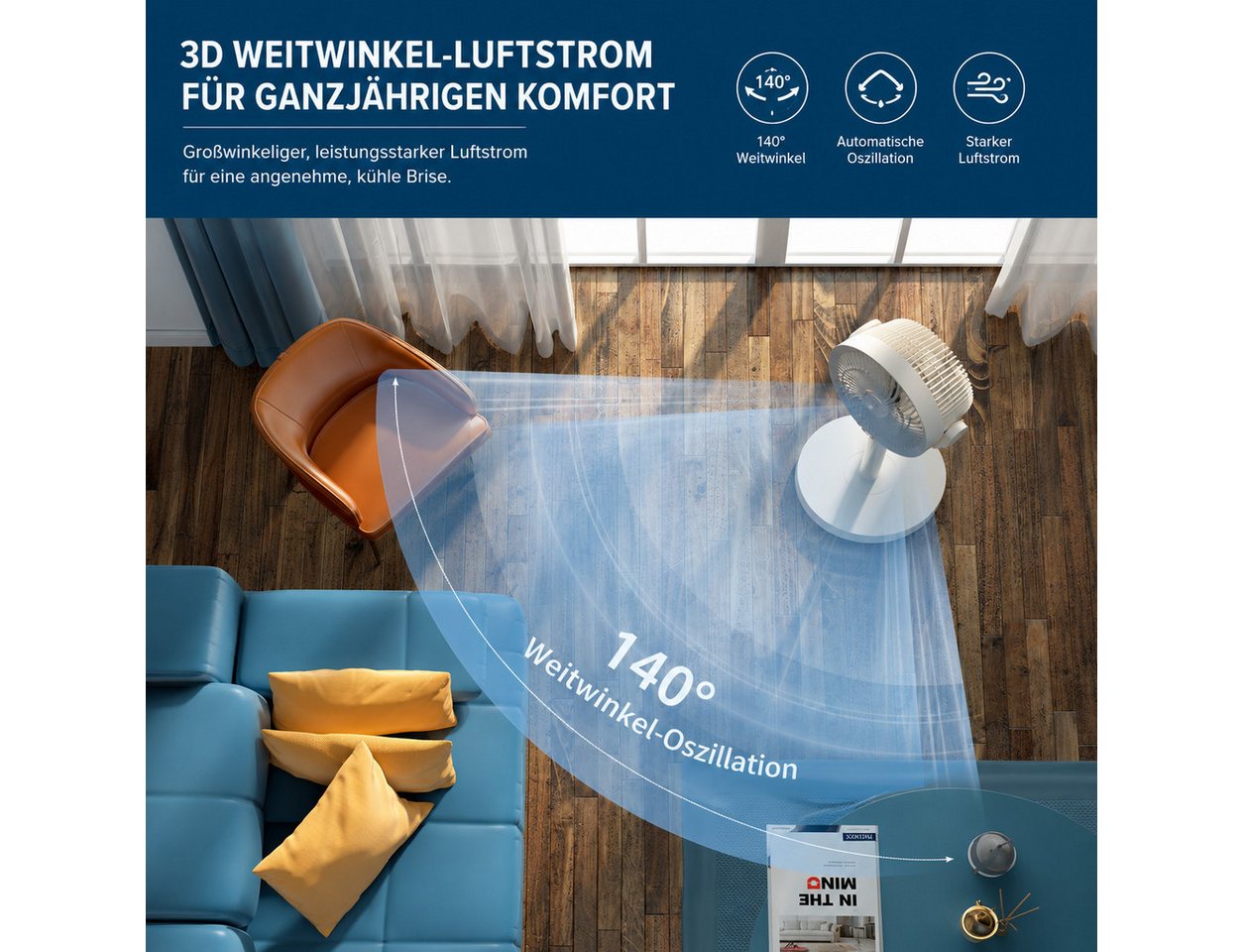 MOPUEA Standventilator Standventilator Tischventilator 5Stufen Fernbedienung höhenverstellbar, 5 Windstufen, 140° Oszillation, 9-h-Timer, Nachtlicht und Akkubetrieb.