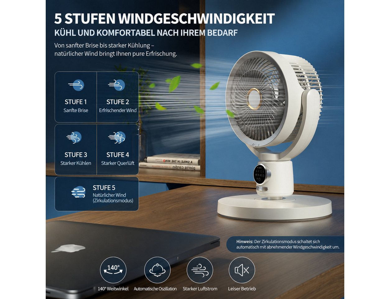 MOPUEA Standventilator Standventilator Tischventilator 5Stufen Fernbedienung höhenverstellbar, 5 Windstufen, 140° Oszillation, 9-h-Timer, Nachtlicht und Akkubetrieb. Bild 3