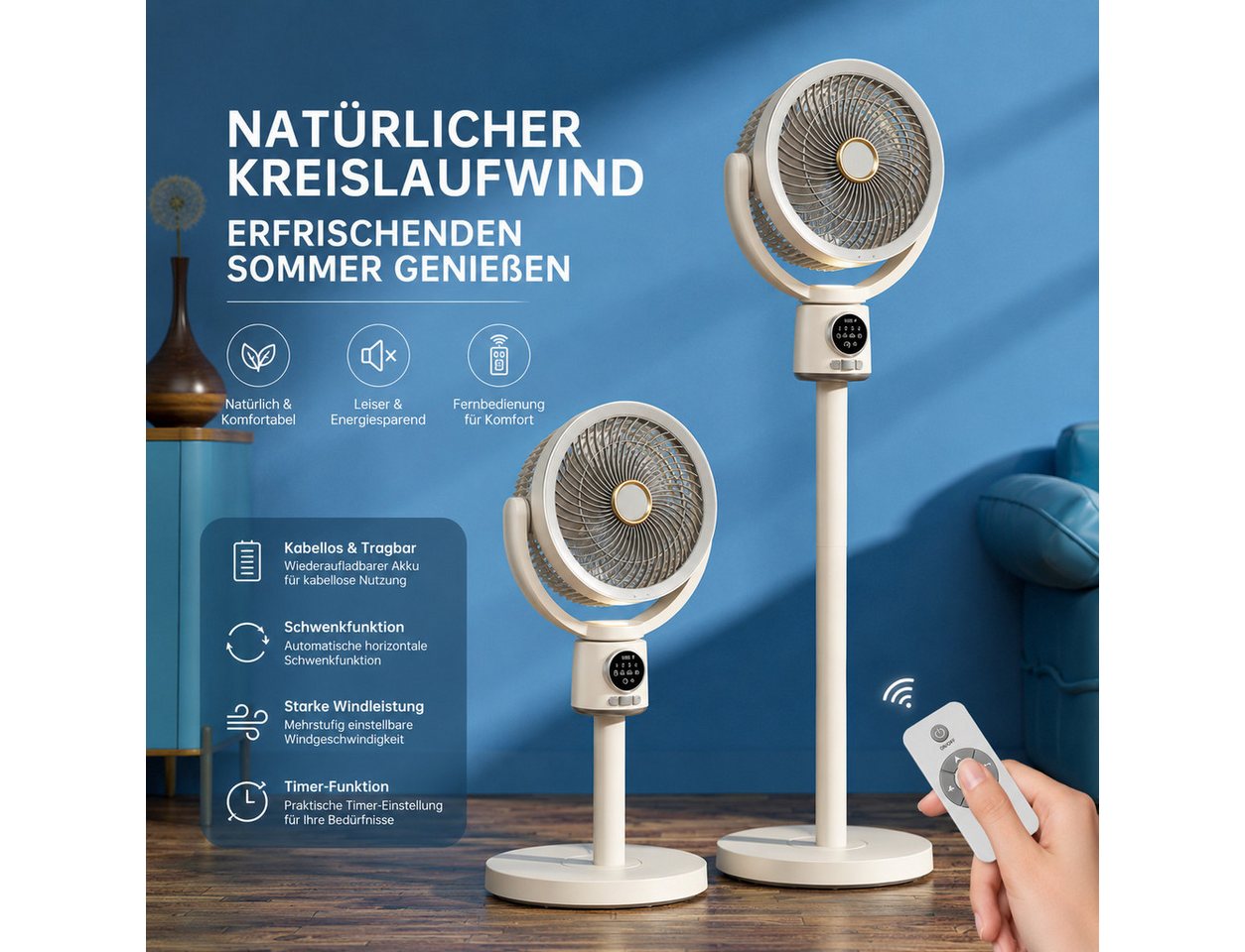 MOPUEA Standventilator Standventilator Tischventilator 5Stufen Fernbedienung höhenverstellbar, 5 Windstufen, 140° Oszillation, 9-h-Timer, Nachtlicht und Akkubetrieb. Bild 4