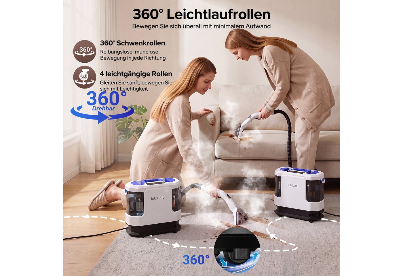 lubluelu Teppichreinigungsgerät V11 Waschsauger & Dampfreiniger 4in1 Nasssauger Polsterreiniger 30KPA, 1900 W, 1,9-Liter-Frischwassertank und 1,1-Liter-Schmutzwassertank, Ein-Knopf-Selbstreinigung,für Sofa, Teppich, Polster Bild 2