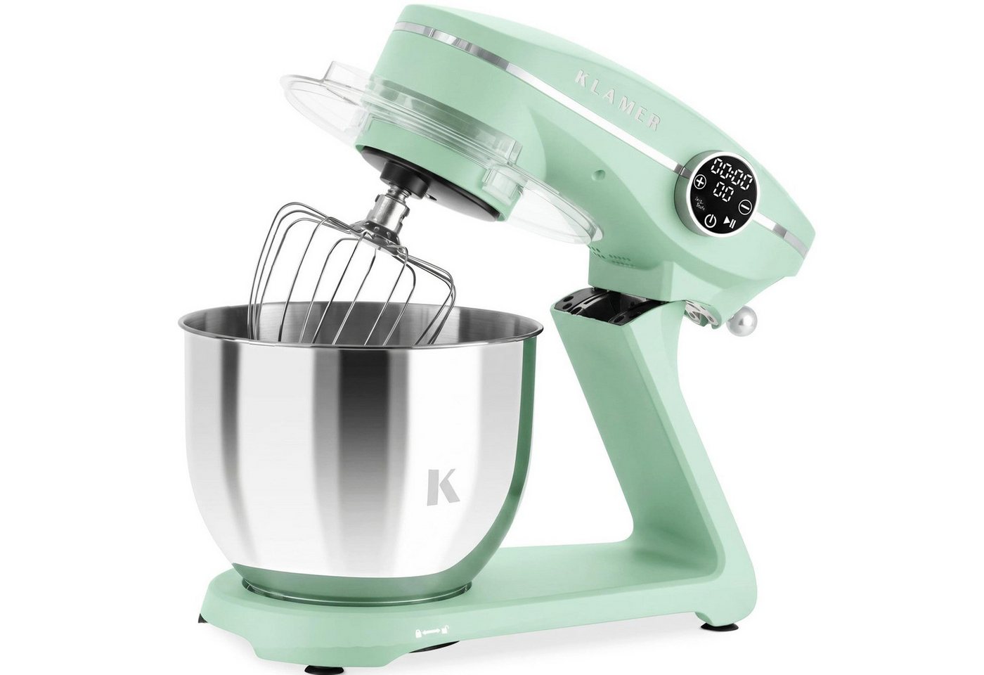 KLAMER Küchenmaschine 1800W, Knetmaschine mit 6 Liter Edelstahl Schüssel, 10 Geschwindigkeitsstufen mit Timer, Rührbesen, Knethaken, Schneebesen und Spritzschutz, weiss, 1800 W, 6 l Schüssel, Spritzschutz, 3 Werkzeuge, Saugfüße, digitales Display, Timer