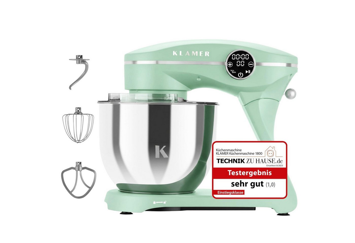 KLAMER Küchenmaschine 1800W, Knetmaschine mit 6 Liter Edelstahl Schüssel, 10 Geschwindigkeitsstufen mit Timer, Rührbesen, Knethaken, Schneebesen und Spritzschutz, weiss, 1800 W, 6 l Schüssel, Spritzschutz, 3 Werkzeuge, Saugfüße, digitales Display, Timer Bild 2