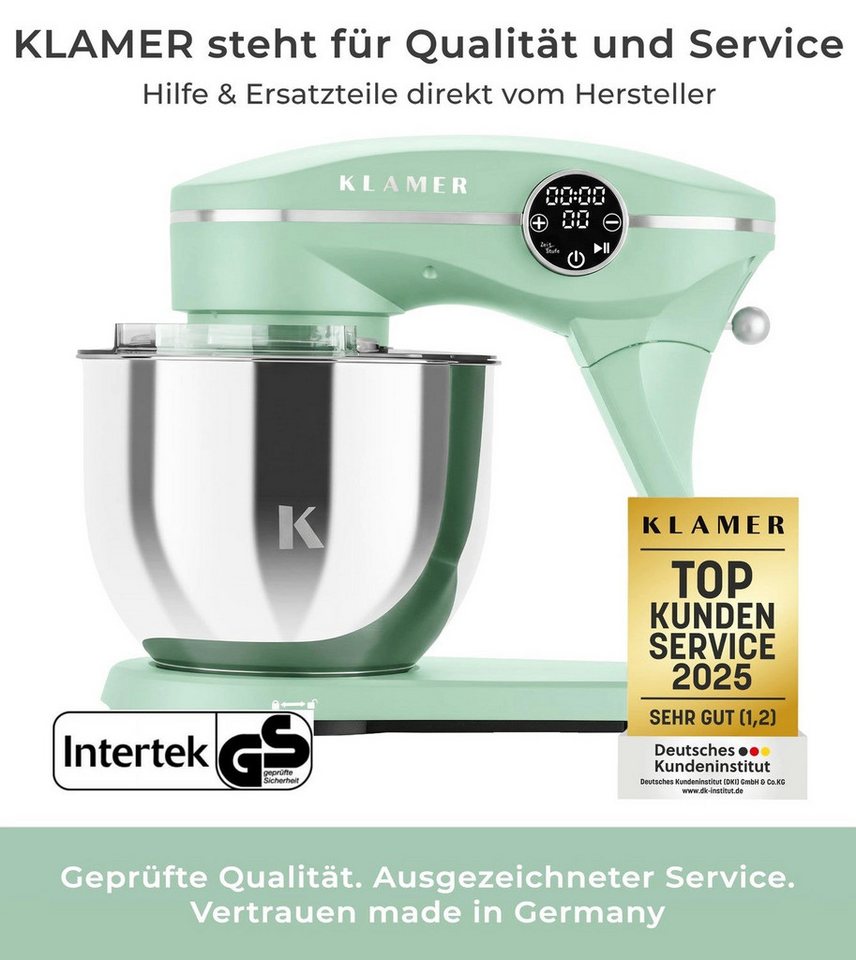 KLAMER Küchenmaschine 1800W, Knetmaschine mit 6 Liter Edelstahl Schüssel, 10 Geschwindigkeitsstufen mit Timer, Rührbesen, Knethaken, Schneebesen und Spritzschutz, weiss, 1800 W, 6 l Schüssel, Spritzschutz, 3 Werkzeuge, Saugfüße, digitales Display, Timer Bild 4