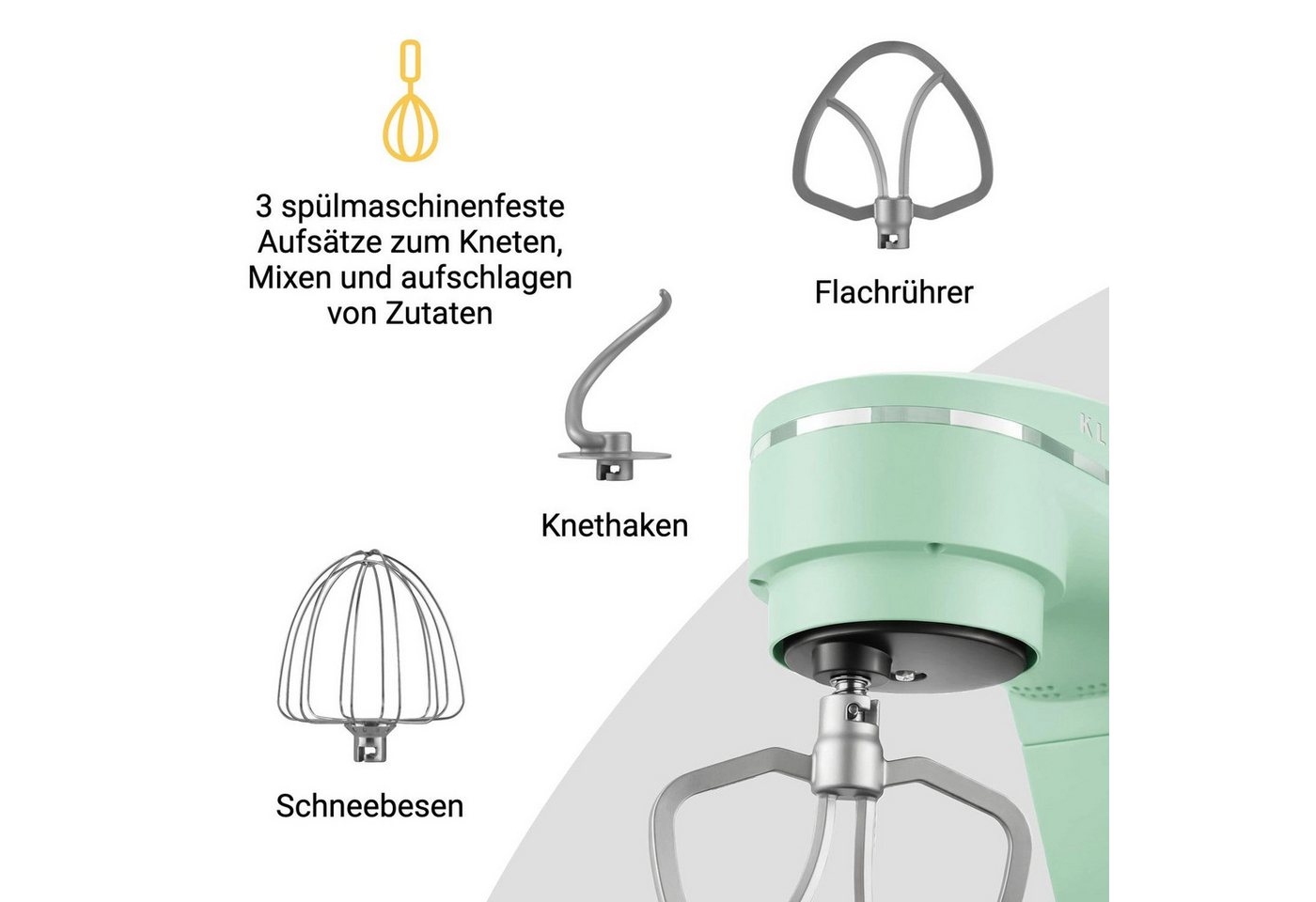 KLAMER Küchenmaschine 1800W, Knetmaschine mit 6 Liter Edelstahl Schüssel, 10 Geschwindigkeitsstufen mit Timer, Rührbesen, Knethaken, Schneebesen und Spritzschutz, weiss, 1800 W, 6 l Schüssel, Spritzschutz, 3 Werkzeuge, Saugfüße, digitales Display, Timer Bild 5