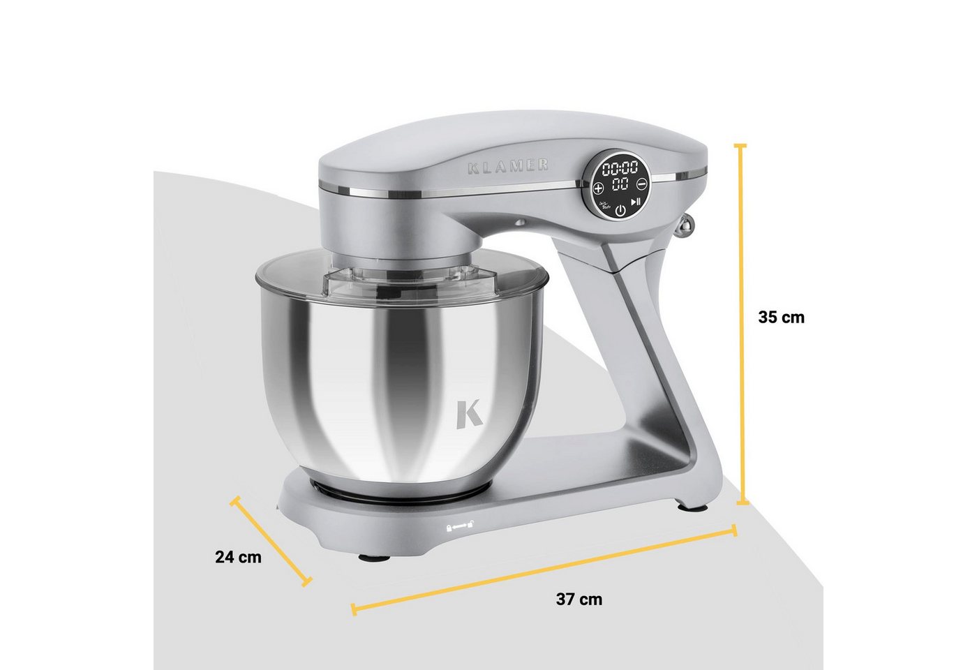 KLAMER Küchenmaschine 1800W, 6L Edelstahl-Schüssel, Knetmaschine mit 10 Geschwindigkeiten & Timer, silber, 1800 W, 6 l Schüssel, Spritzschutz, 3 Werkzeuge, Saugfüße, digitales Display, Timer