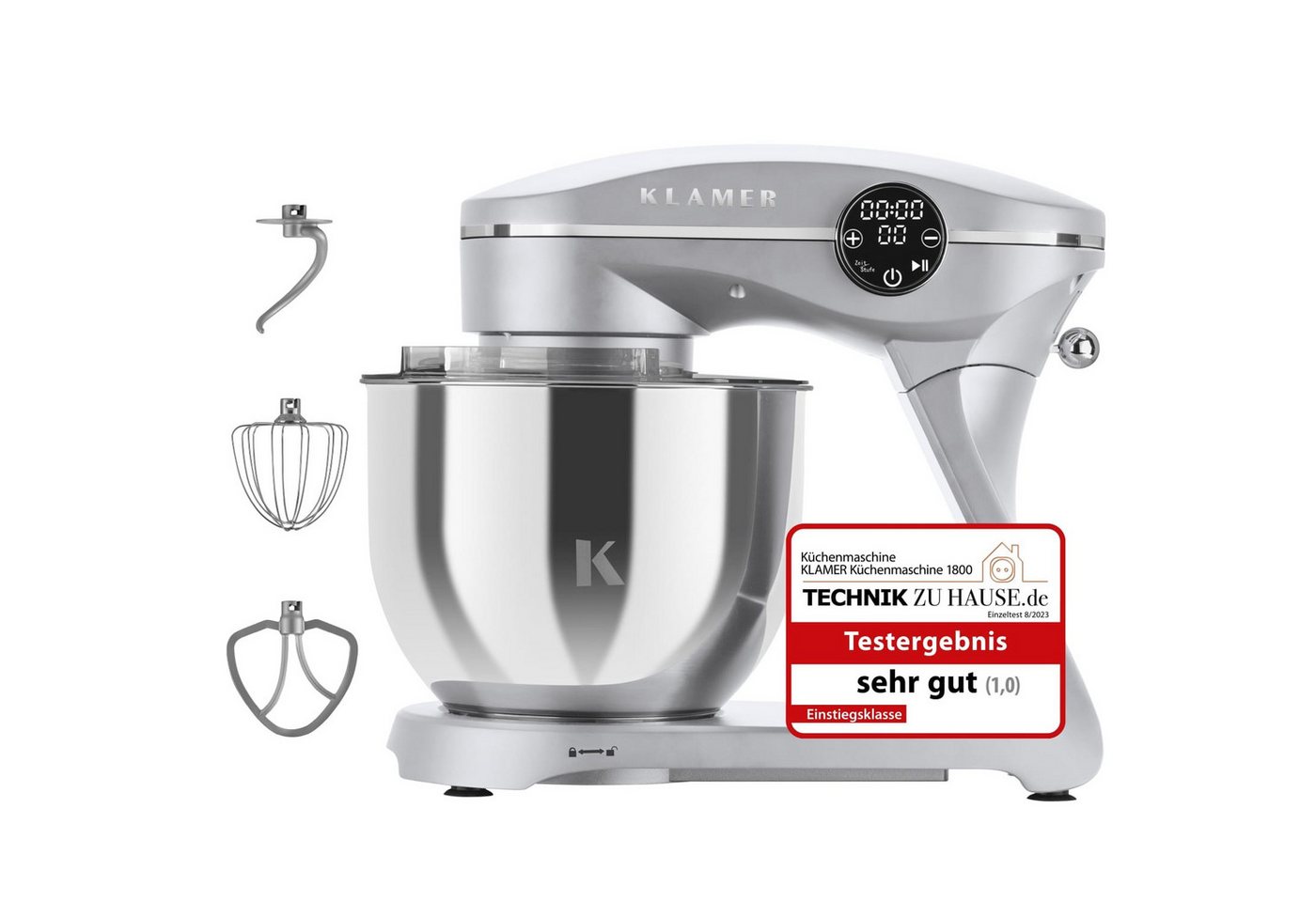 KLAMER Küchenmaschine 1800W, 6L Edelstahl-Schüssel, Knetmaschine mit 10 Geschwindigkeiten & Timer, silber, 1800 W, 6 l Schüssel, Spritzschutz, 3 Werkzeuge, Saugfüße, digitales Display, Timer Bild 2