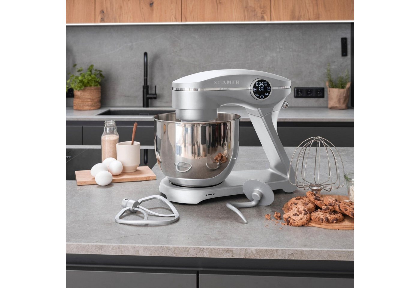 KLAMER Küchenmaschine 1800W, 6L Edelstahl-Schüssel, Knetmaschine mit 10 Geschwindigkeiten & Timer, silber, 1800 W, 6 l Schüssel, Spritzschutz, 3 Werkzeuge, Saugfüße, digitales Display, Timer Bild 3