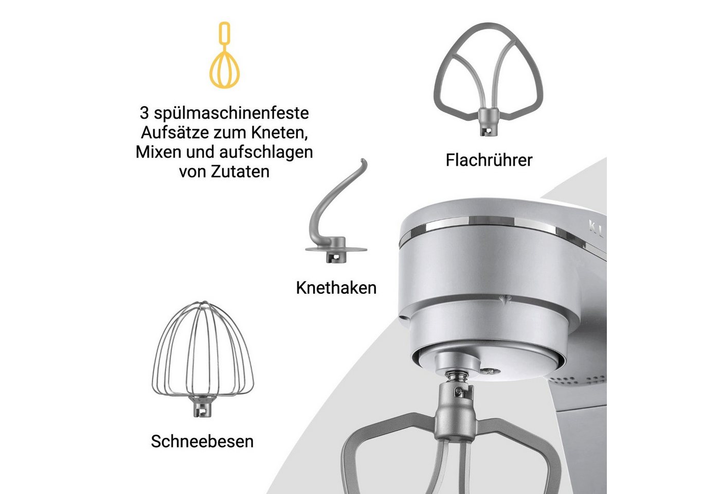 KLAMER Küchenmaschine 1800W, 6L Edelstahl-Schüssel, Knetmaschine mit 10 Geschwindigkeiten & Timer, silber, 1800 W, 6 l Schüssel, Spritzschutz, 3 Werkzeuge, Saugfüße, digitales Display, Timer Bild 5