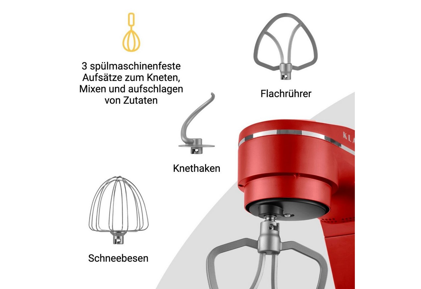 KLAMER Küchenmaschine 1800W, 6L Edelstahl-Schüssel, Knetmaschine mit 10 Geschwindigkeiten & Timer, rot, 1800 W, 6 l Schüssel, Spritzschutz, 3 Werkzeuge, Saugfüße, digitales Display, Timer
