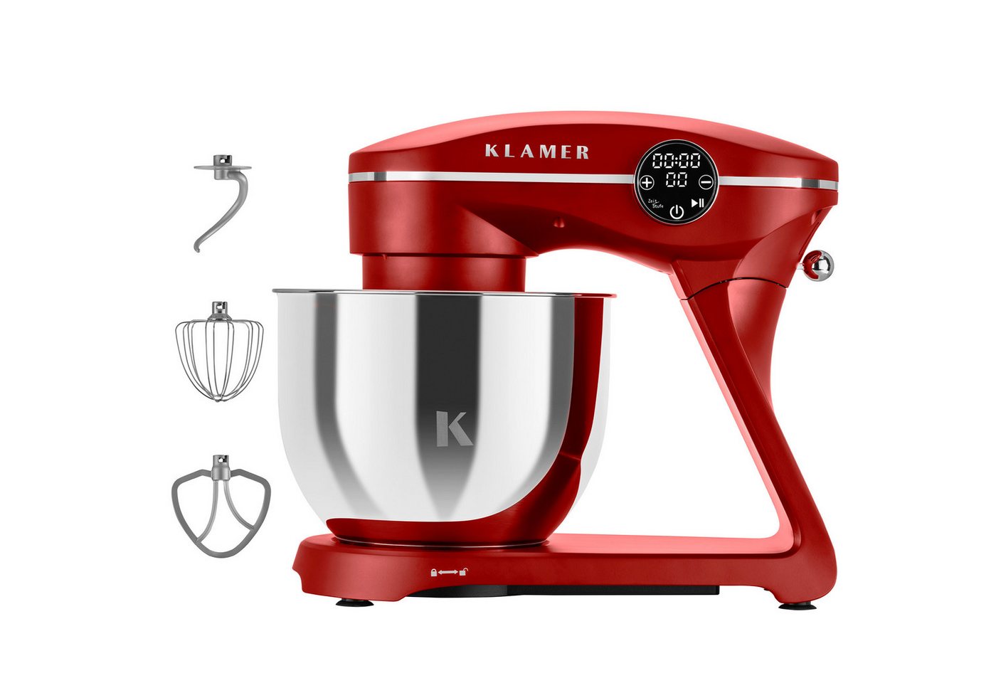 KLAMER Küchenmaschine 1800W, 6L Edelstahl-Schüssel, Knetmaschine mit 10 Geschwindigkeiten & Timer, rot, 1800 W, 6 l Schüssel, Spritzschutz, 3 Werkzeuge, Saugfüße, digitales Display, Timer Bild 2