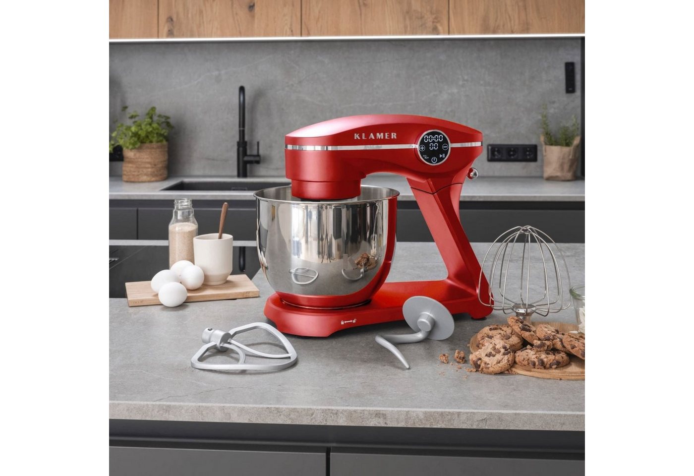 KLAMER Küchenmaschine 1800W, 6L Edelstahl-Schüssel, Knetmaschine mit 10 Geschwindigkeiten & Timer, rot, 1800 W, 6 l Schüssel, Spritzschutz, 3 Werkzeuge, Saugfüße, digitales Display, Timer Bild 3