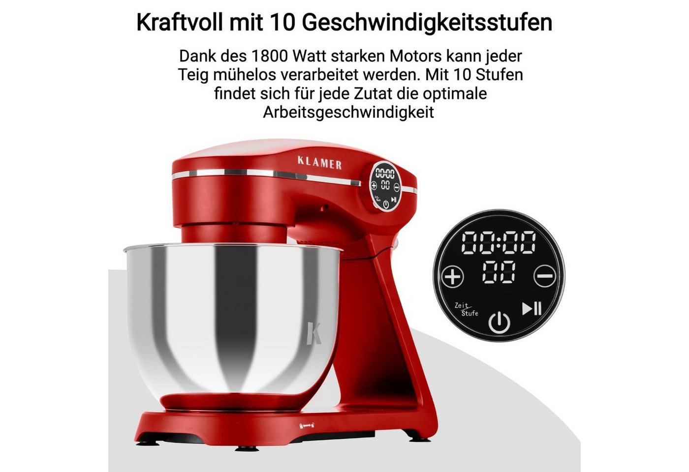 KLAMER Küchenmaschine 1800W, 6L Edelstahl-Schüssel, Knetmaschine mit 10 Geschwindigkeiten & Timer, rot, 1800 W, 6 l Schüssel, Spritzschutz, 3 Werkzeuge, Saugfüße, digitales Display, Timer Bild 5