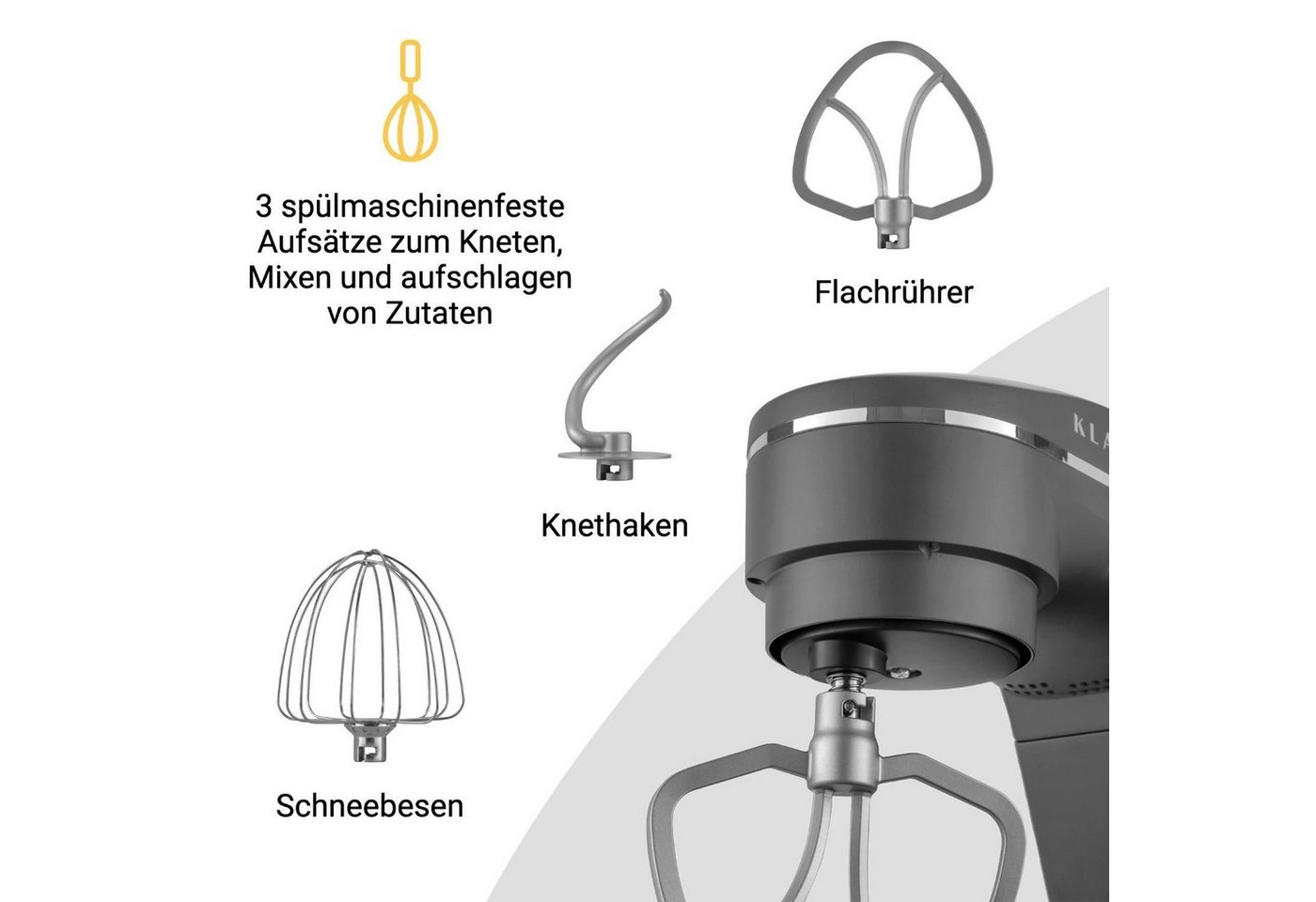 KLAMER Küchenmaschine 1800W, 6L Edelstahl-Schüssel, Knetmaschine mit 10 Geschwindigkeiten & Timer, grau, 1800 W, 6 l Schüssel, Spritzschutz, 3 Werkzeuge, Saugfüße, digitales Display, Timer