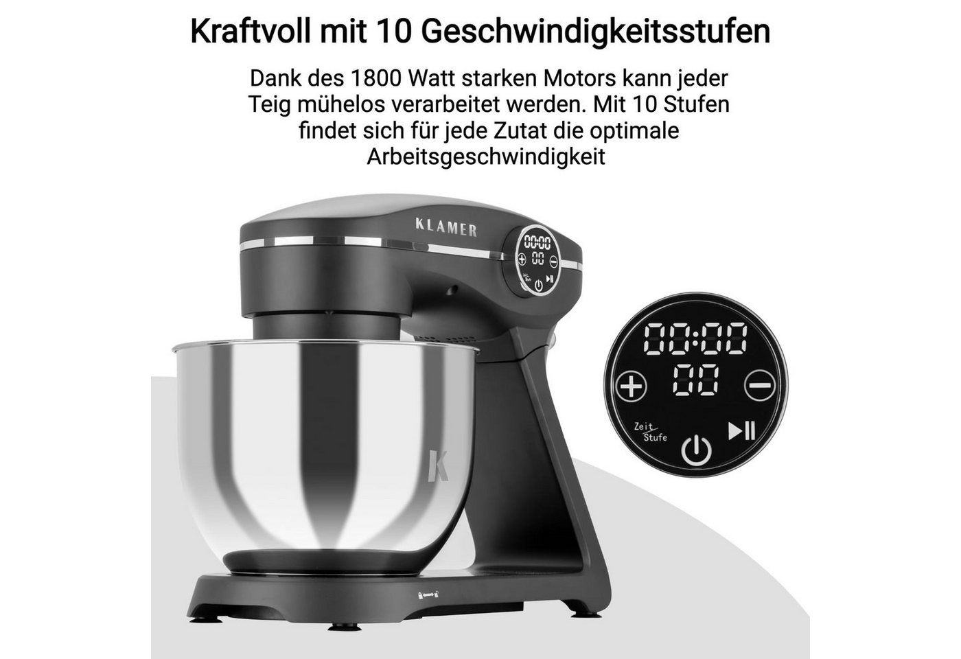 KLAMER Küchenmaschine 1800W, 6L Edelstahl-Schüssel, Knetmaschine mit 10 Geschwindigkeiten & Timer, grau, 1800 W, 6 l Schüssel, Spritzschutz, 3 Werkzeuge, Saugfüße, digitales Display, Timer Bild 2