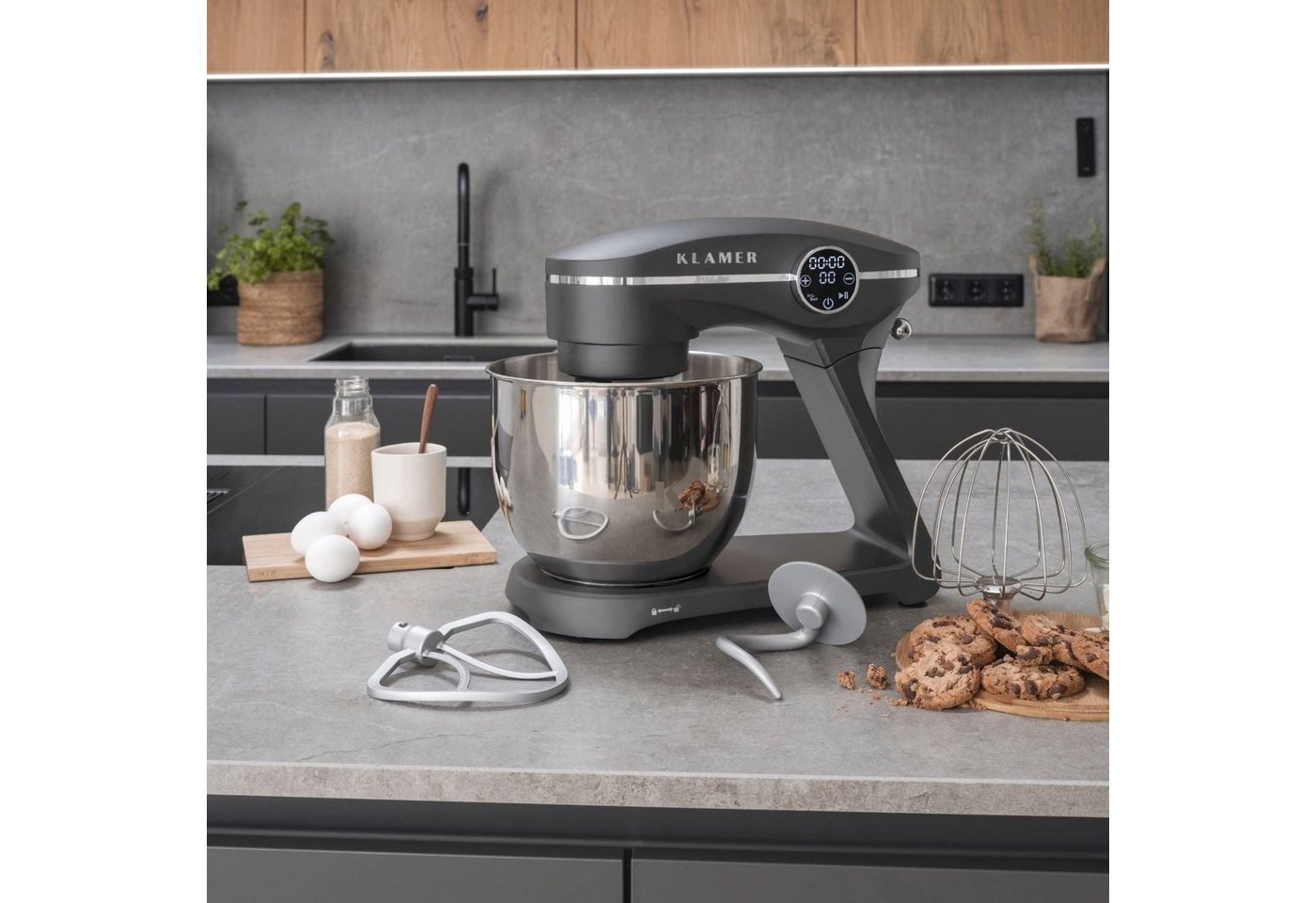 KLAMER Küchenmaschine 1800W, 6L Edelstahl-Schüssel, Knetmaschine mit 10 Geschwindigkeiten & Timer, grau, 1800 W, 6 l Schüssel, Spritzschutz, 3 Werkzeuge, Saugfüße, digitales Display, Timer Bild 4