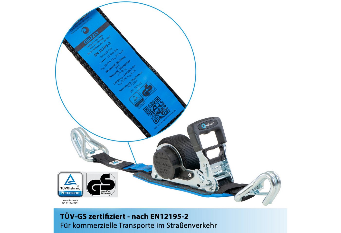 valonic Spanngurt Spanngurte Automatik Ratsche SG-055-50 (2 Stück, 5m) - GRIZZLY