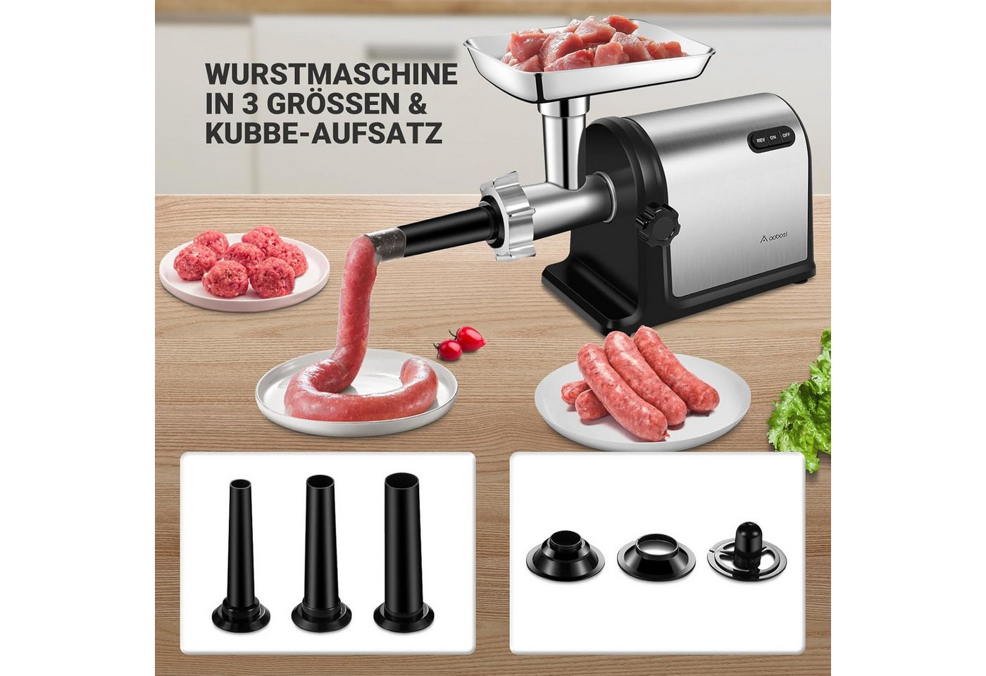 AMZCHEF Fleischwolf CE-MG42OT0H, 3000,00 W, 3-In-1 mit 3 Edelstahl-Schleifplatten, 1 Kubbe and 3 Wurstfüllrohren Bild 2