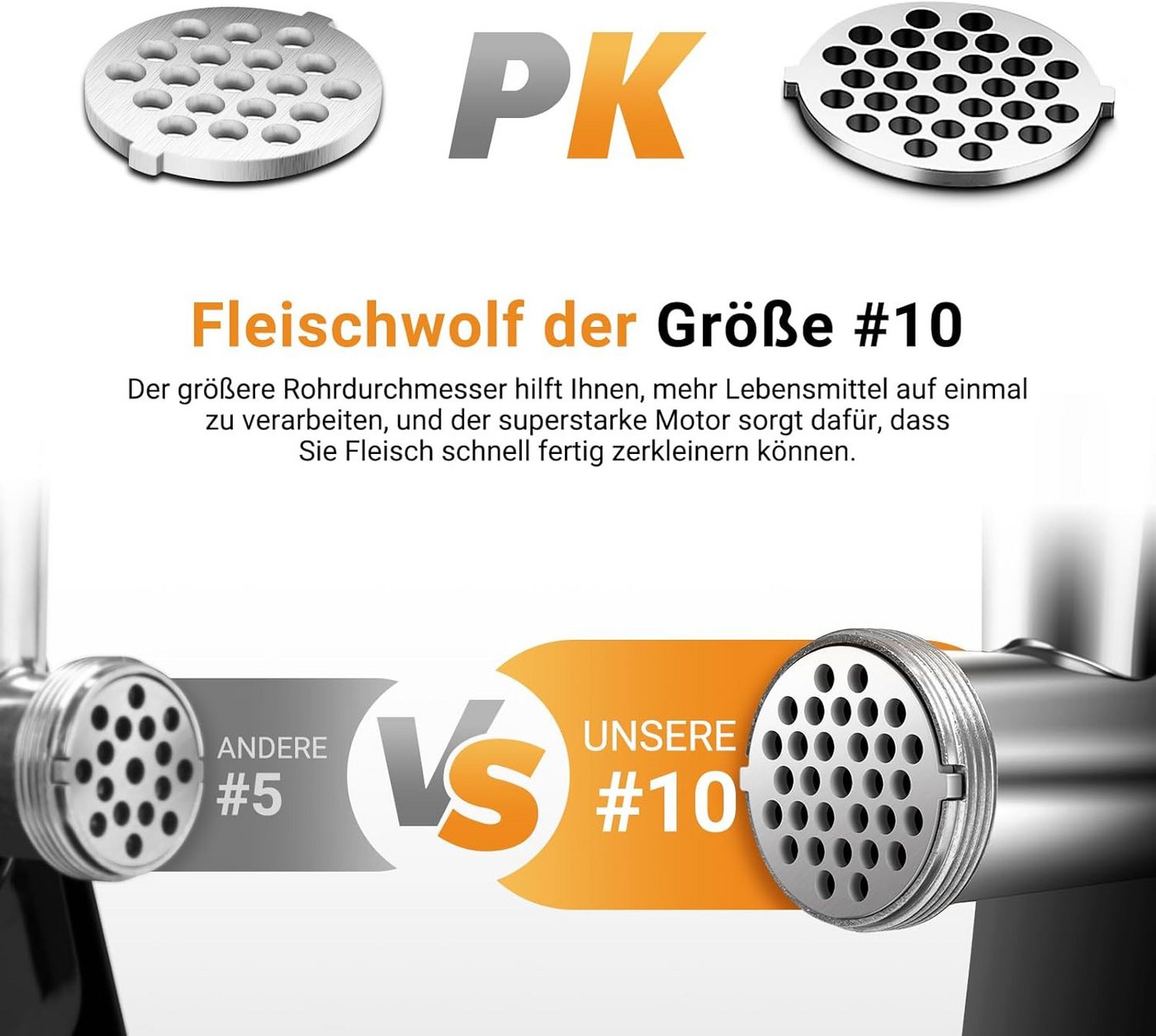 AMZCHEF Fleischwolf CE-MG42OT0H, 3000,00 W, 3-In-1 mit 3 Edelstahl-Schleifplatten, 1 Kubbe and 3 Wurstfüllrohren Bild 3