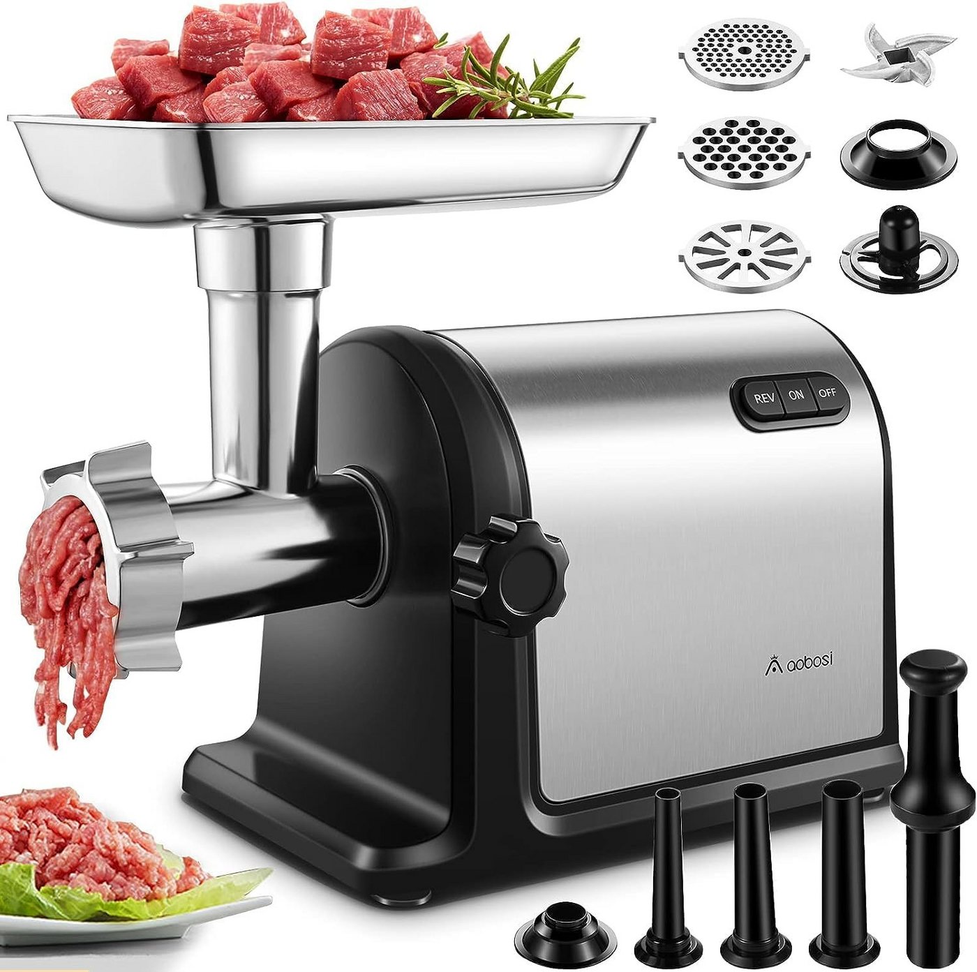 AMZCHEF Fleischwolf CE-MG42OT0H, 3000,00 W, 3-In-1 mit 3 Edelstahl-Schleifplatten, 1 Kubbe and 3 Wurstfüllrohren Bild 4