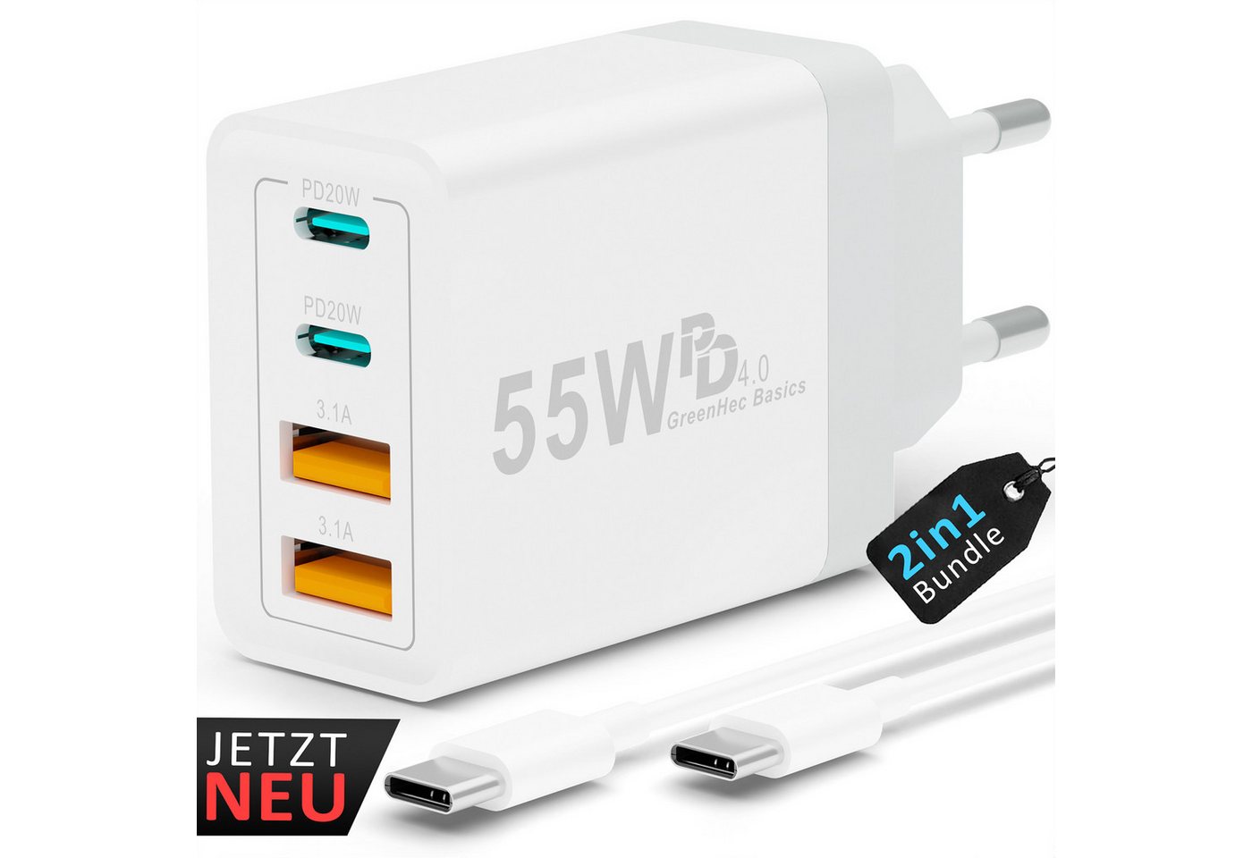GreenHec USB-C Schnellladegerät iPhone 17 16 15 14 13 12 11 SE Charger Adapter Schnelllade-Gerät (0,00 mA, Spar-Set, 55w Quatro Charger + USB-C Kabel, Pro Max Air Netzteil Stecker Handy Phone Ladegerät Samsung mehrfach) Bild 3