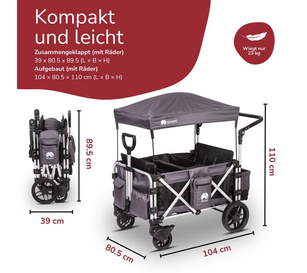 elvent Bollerwagen FamilyStar 4, Kompakt faltbar, Für bis zu 4 Kinder, Superleicht und komfortabel