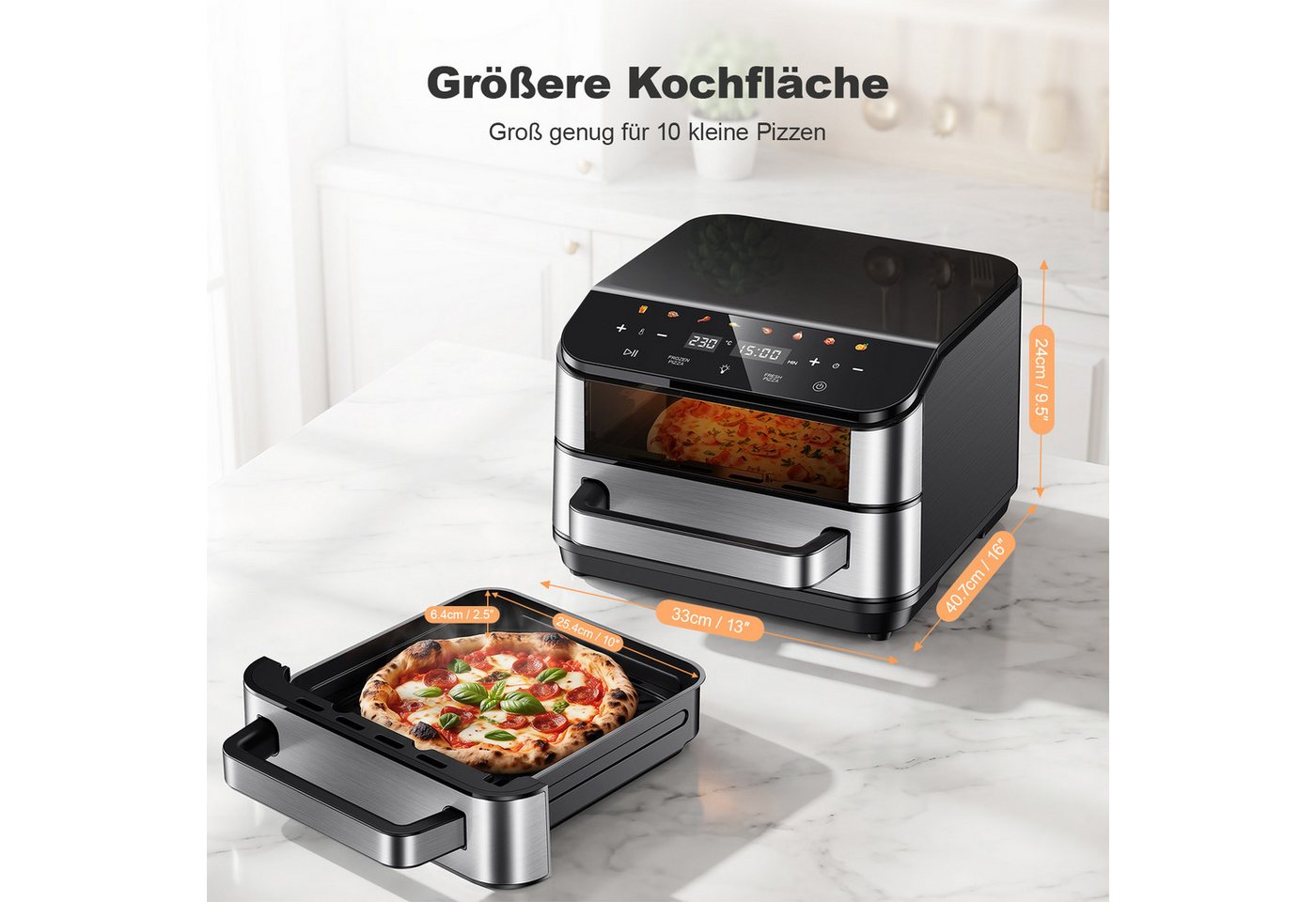 oyajia Heißluftfritteuse 2in1 Pizzaöfen & Airfryer, Pizzaprogramme, 8 Garprogramme, optimale Wärmeverteilung, extra breite Form, mit Sichtfenster, 4L, 2800,00 W, 10 Zoll Steinplatte, Temperatur 40–230°C Timer 1–60 Min, Fettwanne Bild 2