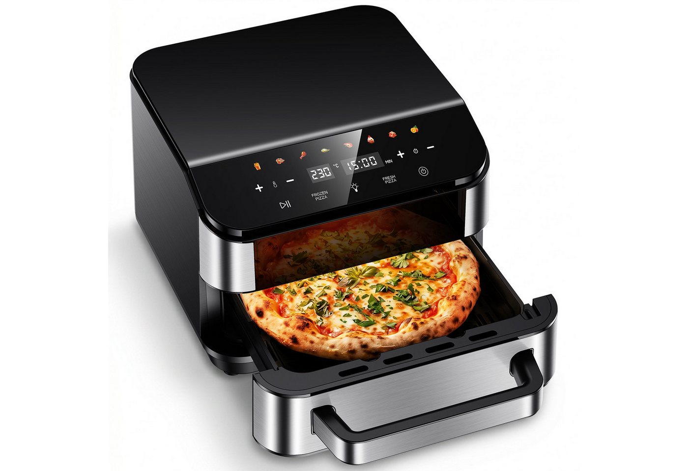 oyajia Heißluftfritteuse 2in1 Pizzaöfen & Airfryer, Pizzaprogramme, 8 Garprogramme, optimale Wärmeverteilung, extra breite Form, mit Sichtfenster, 4L, 2800,00 W, 10 Zoll Steinplatte, Temperatur 40–230°C Timer 1–60 Min, Fettwanne Bild 3