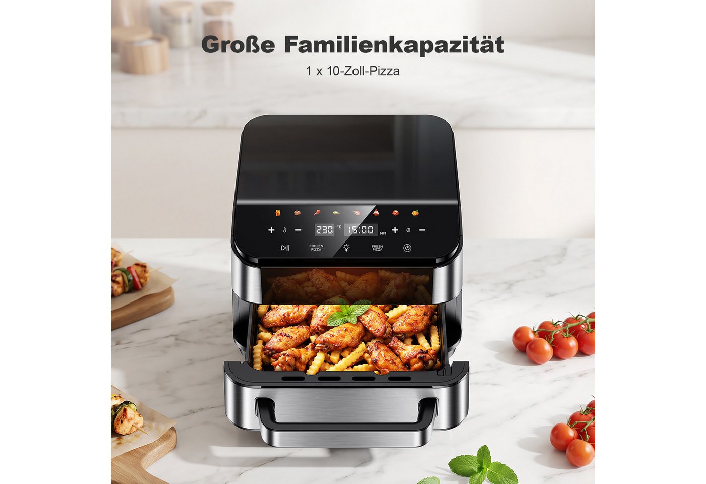 oyajia Heißluftfritteuse 2in1 Pizzaöfen & Airfryer, Pizzaprogramme, 8 Garprogramme, optimale Wärmeverteilung, extra breite Form, mit Sichtfenster, 4L, 2800,00 W, 10 Zoll Steinplatte, Temperatur 40–230°C Timer 1–60 Min, Fettwanne Bild 5