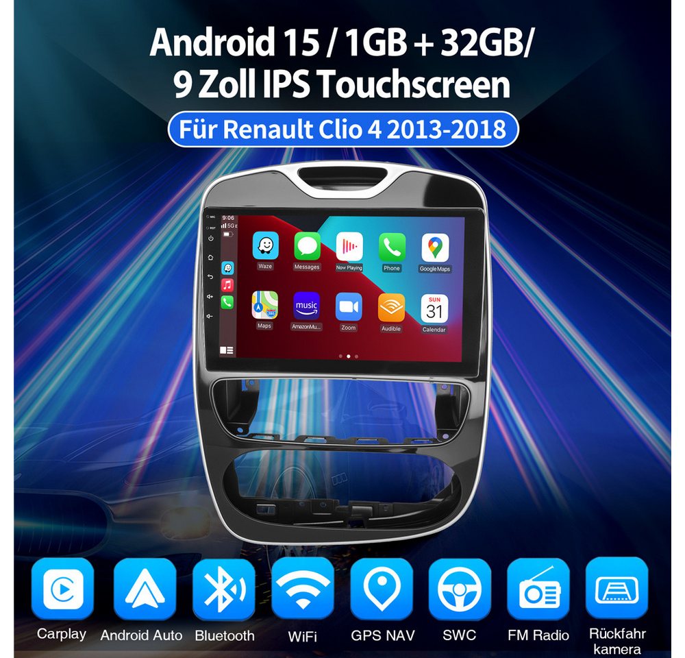 ESSGOO Für Renault Clio 4 2013-2018 Android 15 Autoradio Autoradio (Digitalradio (DAB), FM, Apple Carplay Android Auto GPS Navi WIFI BT SWC)