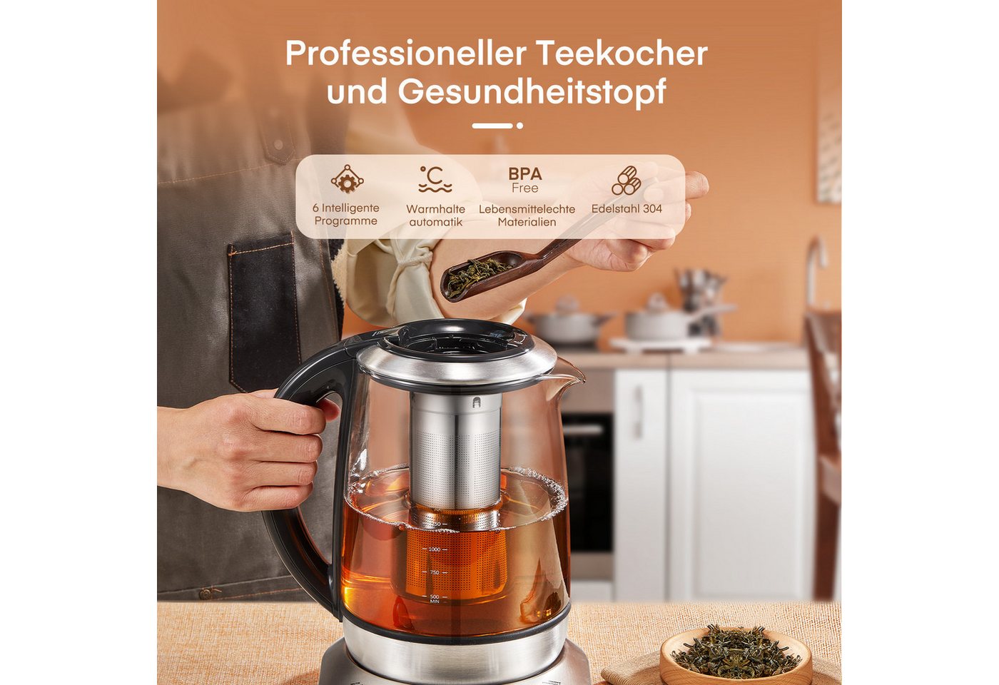 FOHERE Wasserkocher mit Temperatureinstellung 6 Voreinstellungen und Warmhaltefunktion, 1.7 l, 2200 W, mit 10-Minuten-Speicherfunktion
