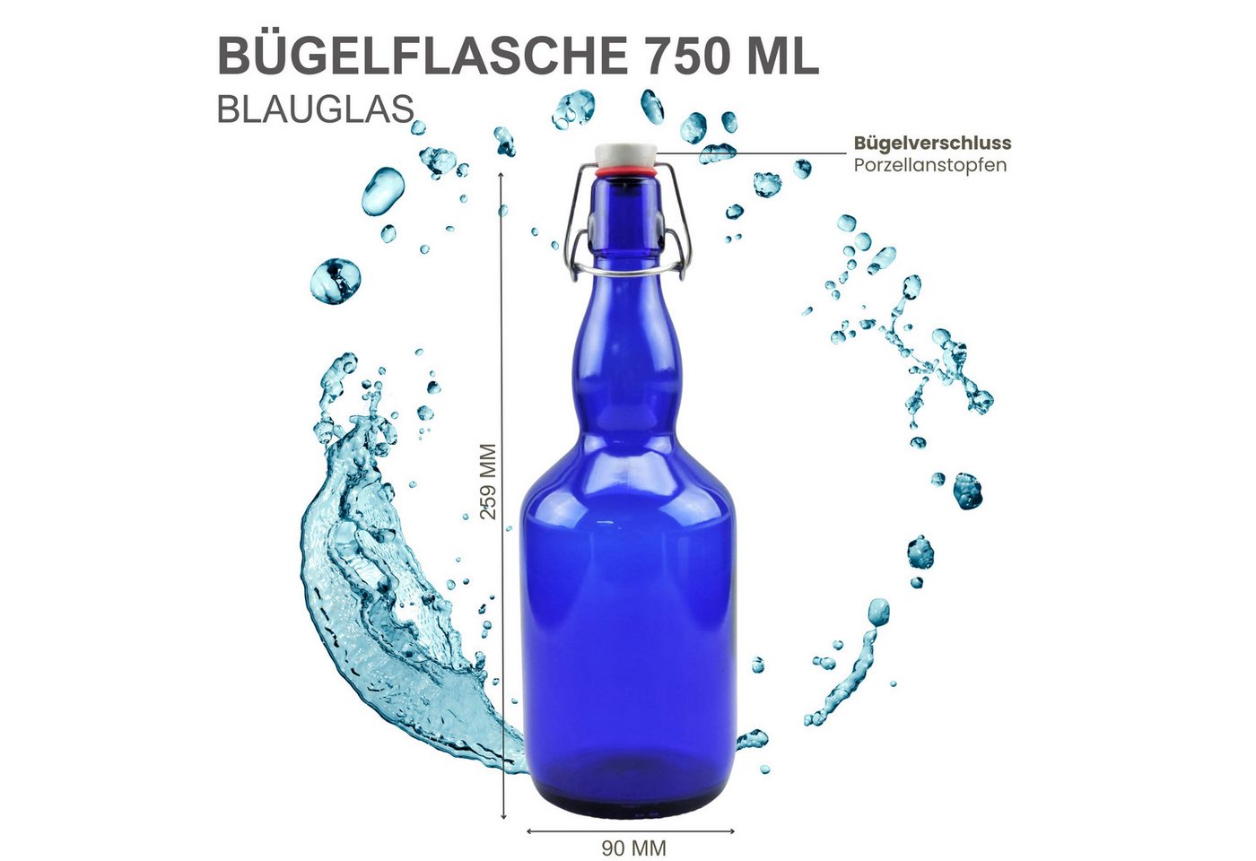 mikken Trinkflasche Bügelflasche 750 ml blau Glasflasche mit Bügelverschluss Wasserflasche, luftdicht, UV-Schutz