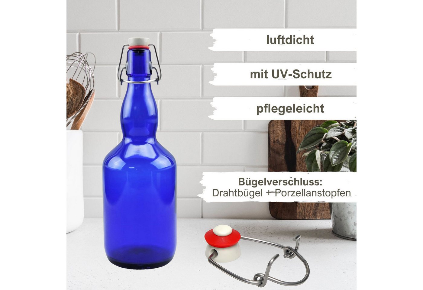 mikken Trinkflasche Bügelflasche 750 ml blau Glasflasche mit Bügelverschluss Wasserflasche, luftdicht, UV-Schutz Bild 3