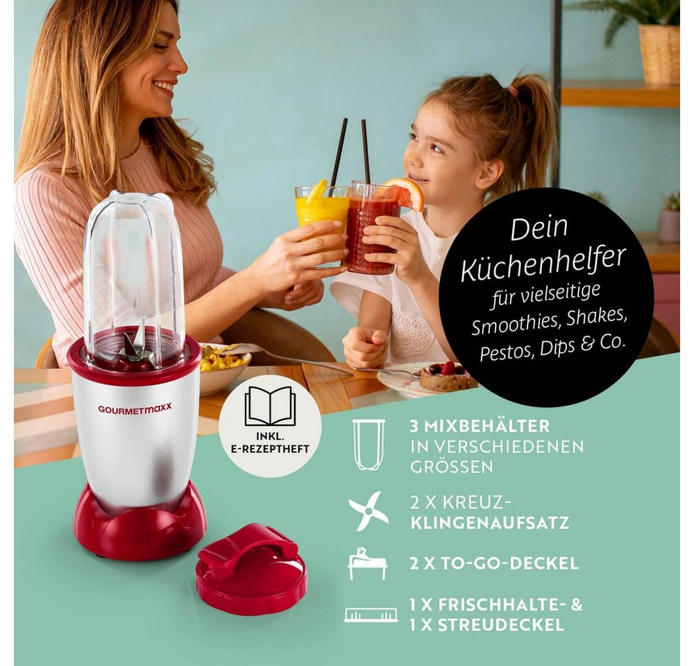 GOURMETmaxx Standmixer Mixer Mr. Magic 10-tlg. 400W silber/rot, 400 W, inkl. Zubehör-Set L rot Speisen Smoothies Getränke 3 Mixbecher To-Go Bild 2