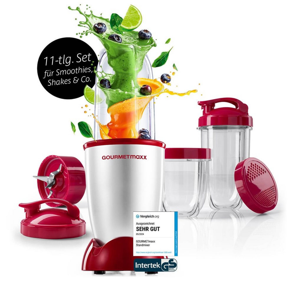 GOURMETmaxx Standmixer Mixer Mr. Magic 10-tlg. 400W silber/rot, 400 W, inkl. Zubehör-Set L rot Speisen Smoothies Getränke 3 Mixbecher To-Go Bild 4