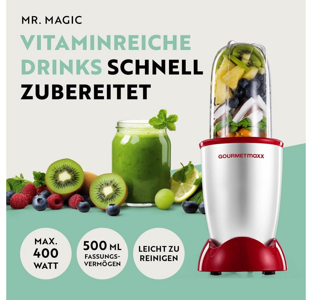 GOURMETmaxx Standmixer Mixer Mr. Magic 10-tlg. 400W silber/rot, 400 W, inkl. Zubehör-Set L rot Speisen Smoothies Getränke 3 Mixbecher To-Go Bild 5