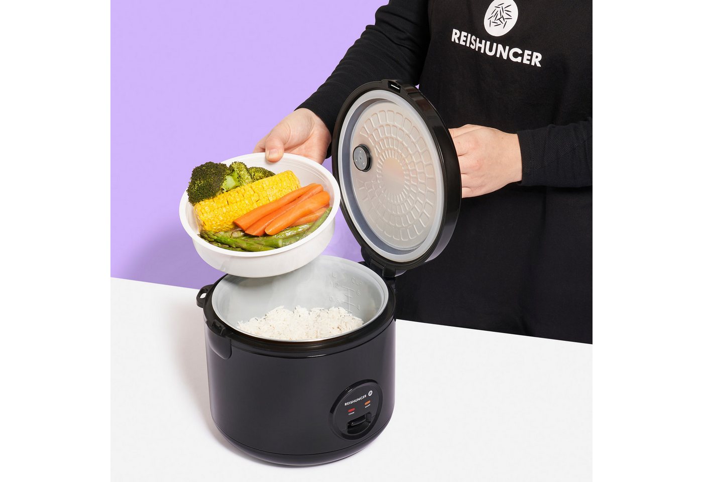 Reishunger Reiskocher Basismodell – 1,2 L – Für 1-6 Personen – Bundle mit vier Reissorten –, 500 W, Mit Dampfgarfunktion & Warmhaltefunktion Bild 3
