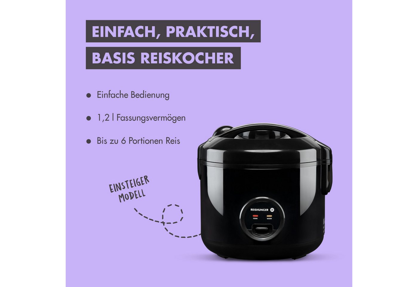Reishunger Reiskocher Basismodell – 1,2 L – Für 1-6 Personen – Bundle mit vier Reissorten –, 500 W, Mit Dampfgarfunktion & Warmhaltefunktion Bild 4