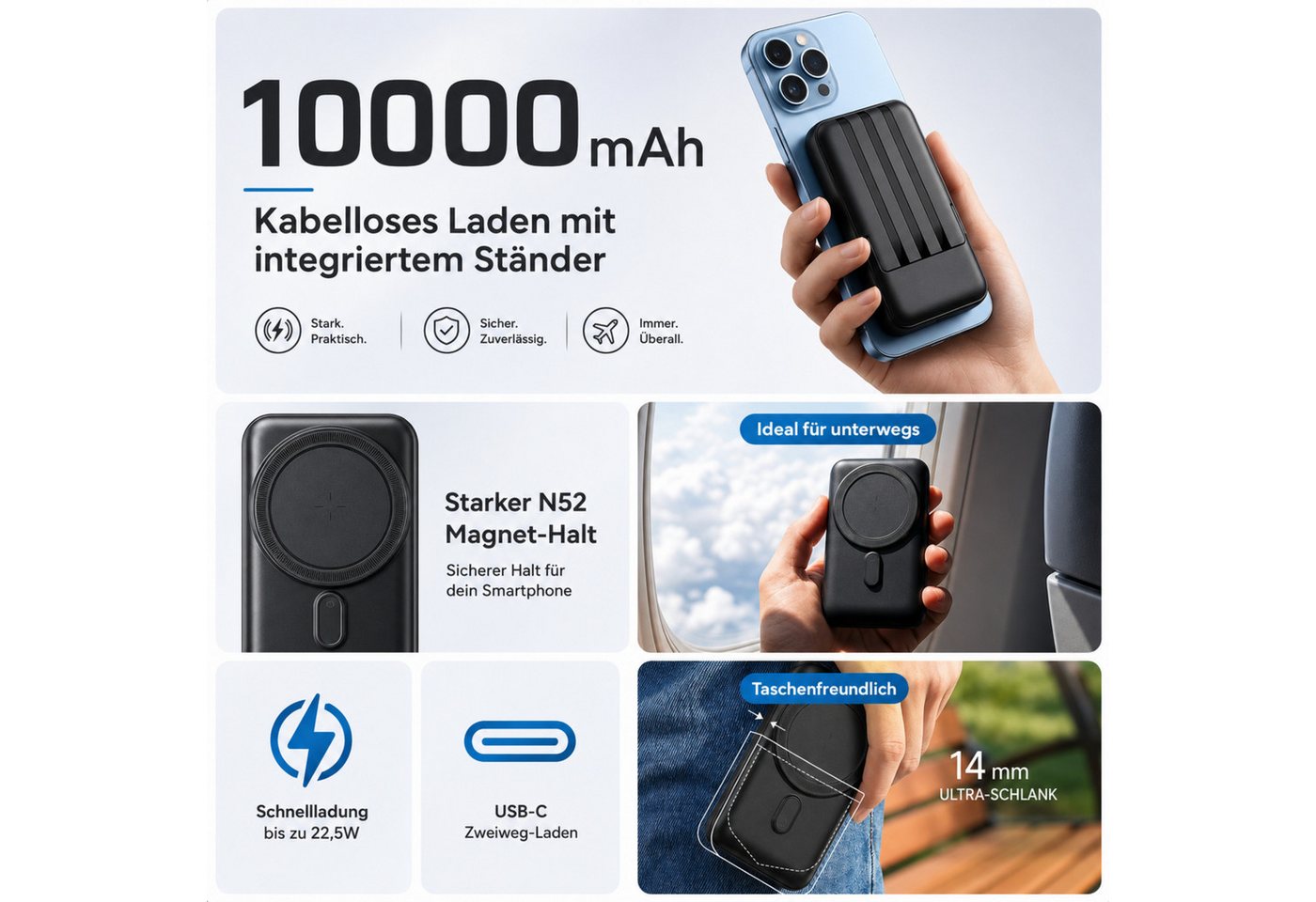 RUHE Wireless Powerbank Magnetisch Magsafe Kompatibel Extern Kabellose Powerbank Magnetische Powerbank Externe PB mit integriertem Kabel 10000 mAh (12 V, 1 St), mit Kabel für iPhone 17 Pro Max/17 Pro/16/15 Pro Max/Pro/14/13/12 Bild 4