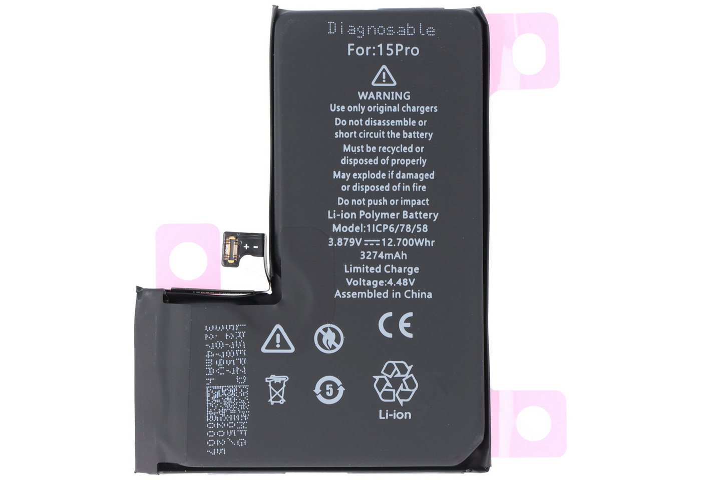 AccuCell Akku passend für Apple iPhone 15 Pro, diagnostizierbar, Li-Polymer, 3 Akku 3274 mAh (3,9 V) Bild 2