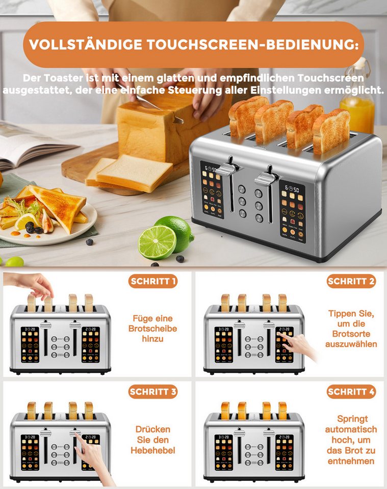 Fofile Toaster 2/4 Scheiben LED Anzeige Abbruch-, Auftau- & Aufwärmfunktion, 4 kurze Schlitze, für 4 Scheiben, 1760 W, 1760W, 6 Bräunungsstufen & Brotsorten, Langschlitztoaster