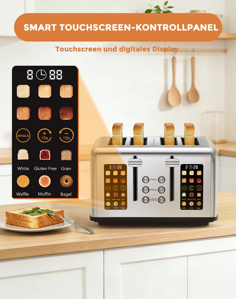 Fofile Toaster 2/4 Scheiben LED Anzeige Abbruch-, Auftau- & Aufwärmfunktion, 4 kurze Schlitze, für 4 Scheiben, 1760 W, 1760W, 6 Bräunungsstufen & Brotsorten, Langschlitztoaster Bild 3