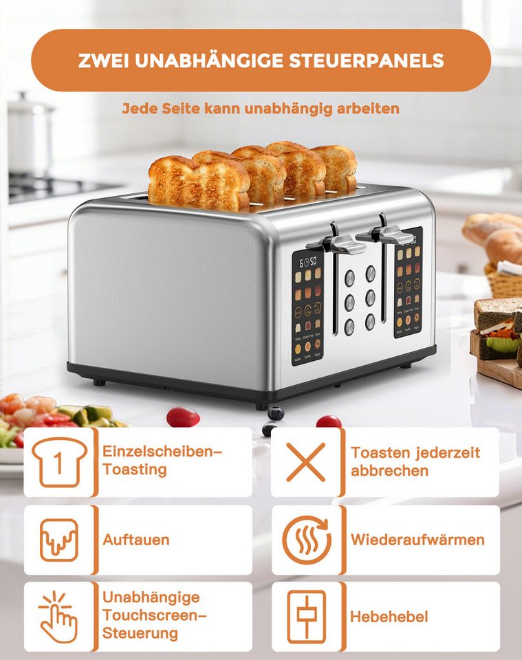 Fofile Toaster 2/4 Scheiben LED Anzeige Abbruch-, Auftau- & Aufwärmfunktion, 4 kurze Schlitze, für 4 Scheiben, 1760 W, 1760W, 6 Bräunungsstufen & Brotsorten, Langschlitztoaster Bild 4