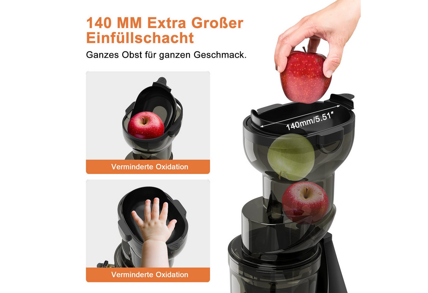 HOMELUX Slow Juicer Entsafter 140MM Öffnung für Ganze Gemüse Früchte mit 2 Tassen, Bürste, 150 W, BPA-Frei, Hohe Saftausbeute, Erhalt der Nährstoffe Bild 2