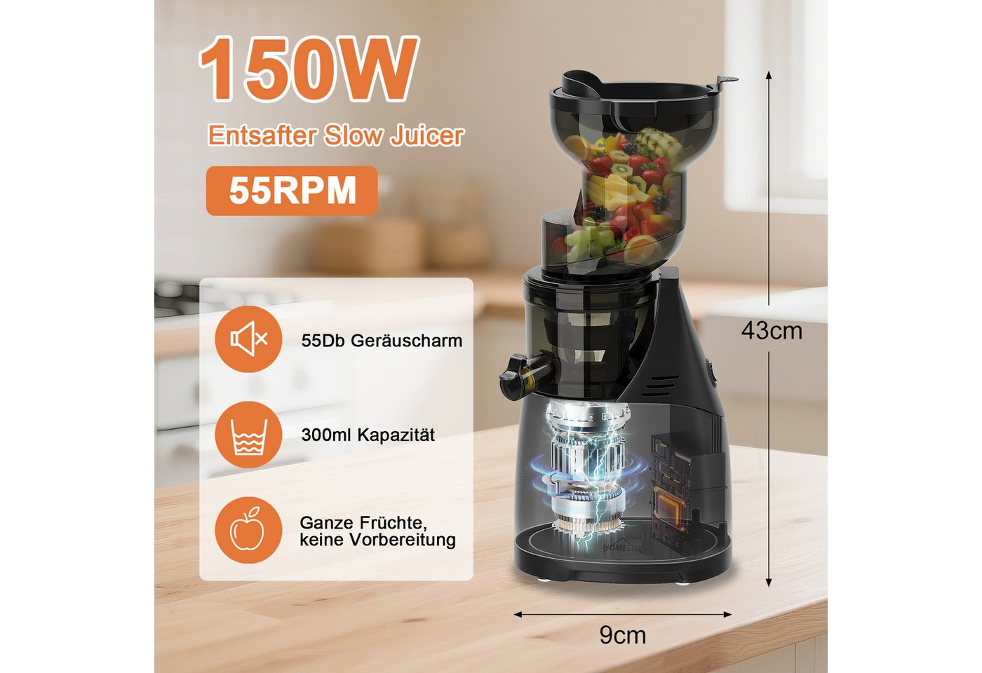 HOMELUX Slow Juicer Entsafter 140MM Öffnung für Ganze Gemüse Früchte mit 2 Tassen, Bürste, 150 W, BPA-Frei, Hohe Saftausbeute, Erhalt der Nährstoffe Bild 3