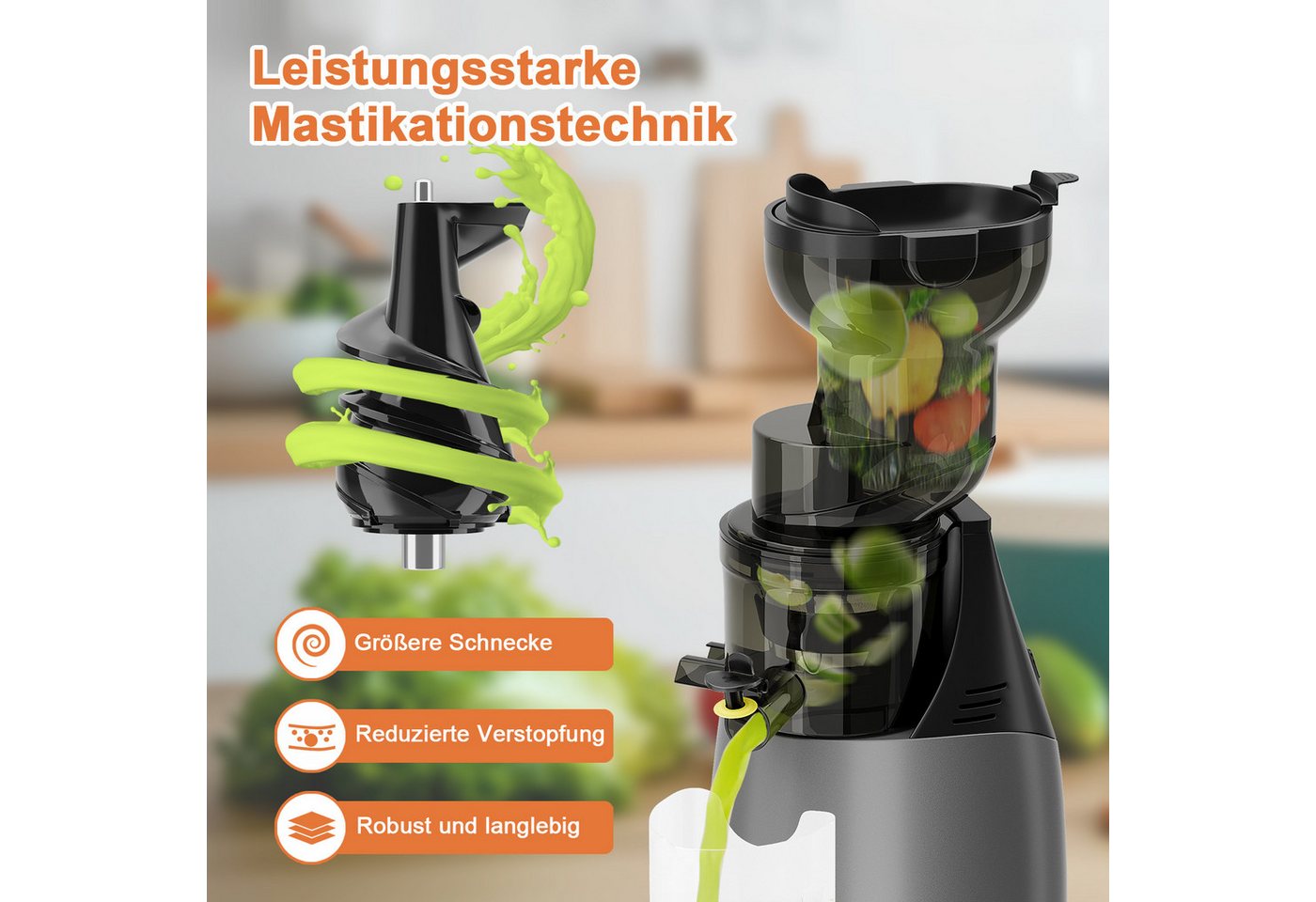 HOMELUX Slow Juicer Entsafter 140MM Öffnung für Ganze Gemüse Früchte mit 2 Tassen, Bürste, 150 W, BPA-Frei, Hohe Saftausbeute, Erhalt der Nährstoffe Bild 4